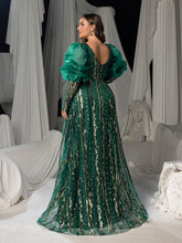 Plus Luxury Plunging Neck Backless Gigot Sleeves Maxi Prom Dress